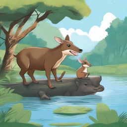 A detailed illustration of the story of Mouse Deer and buffalo crossing the river on the back of a crocodile