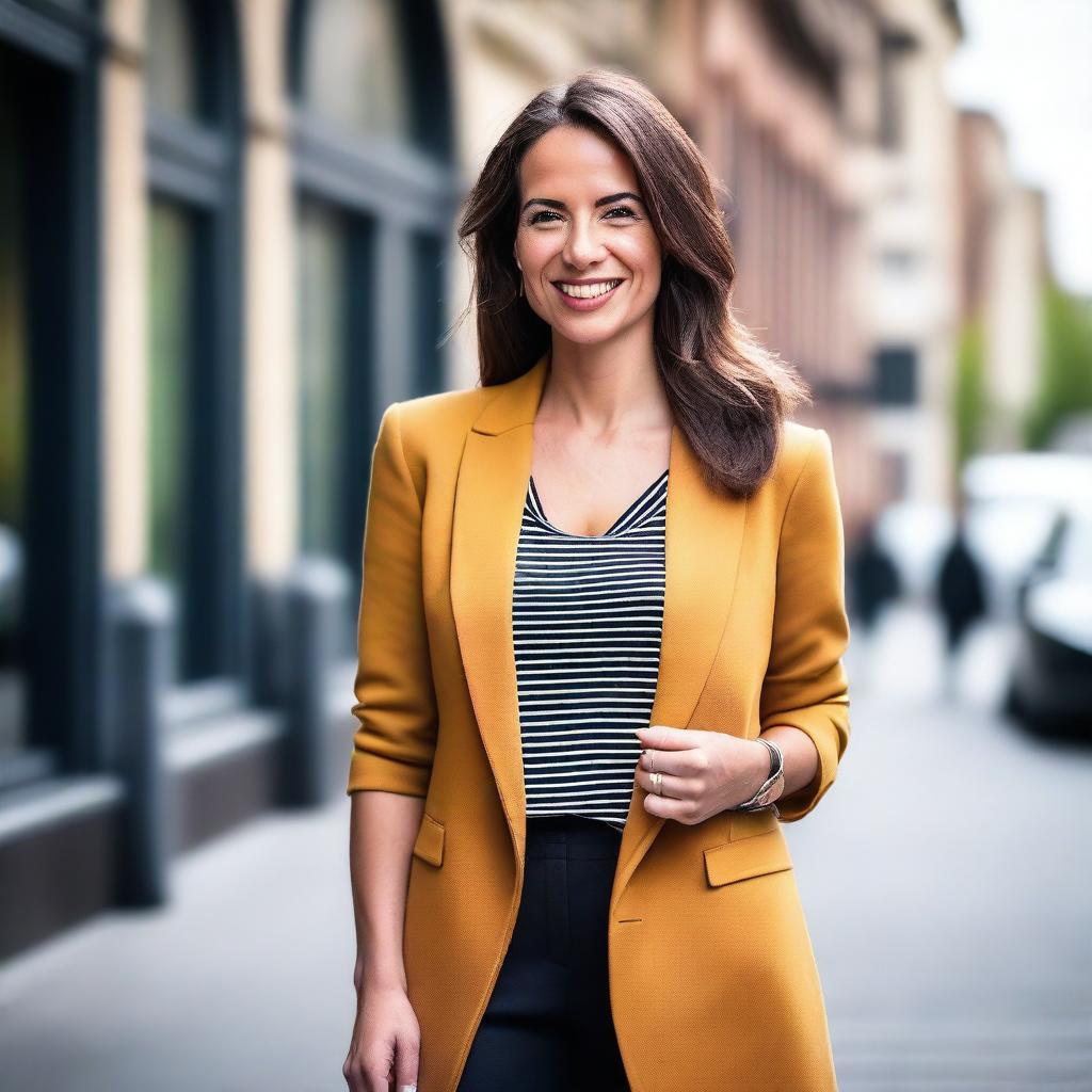 A stylish and confident woman in her early 30s, dressed in a fashionable outfit