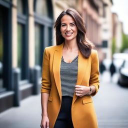 A stylish and confident woman in her early 30s, dressed in a fashionable outfit