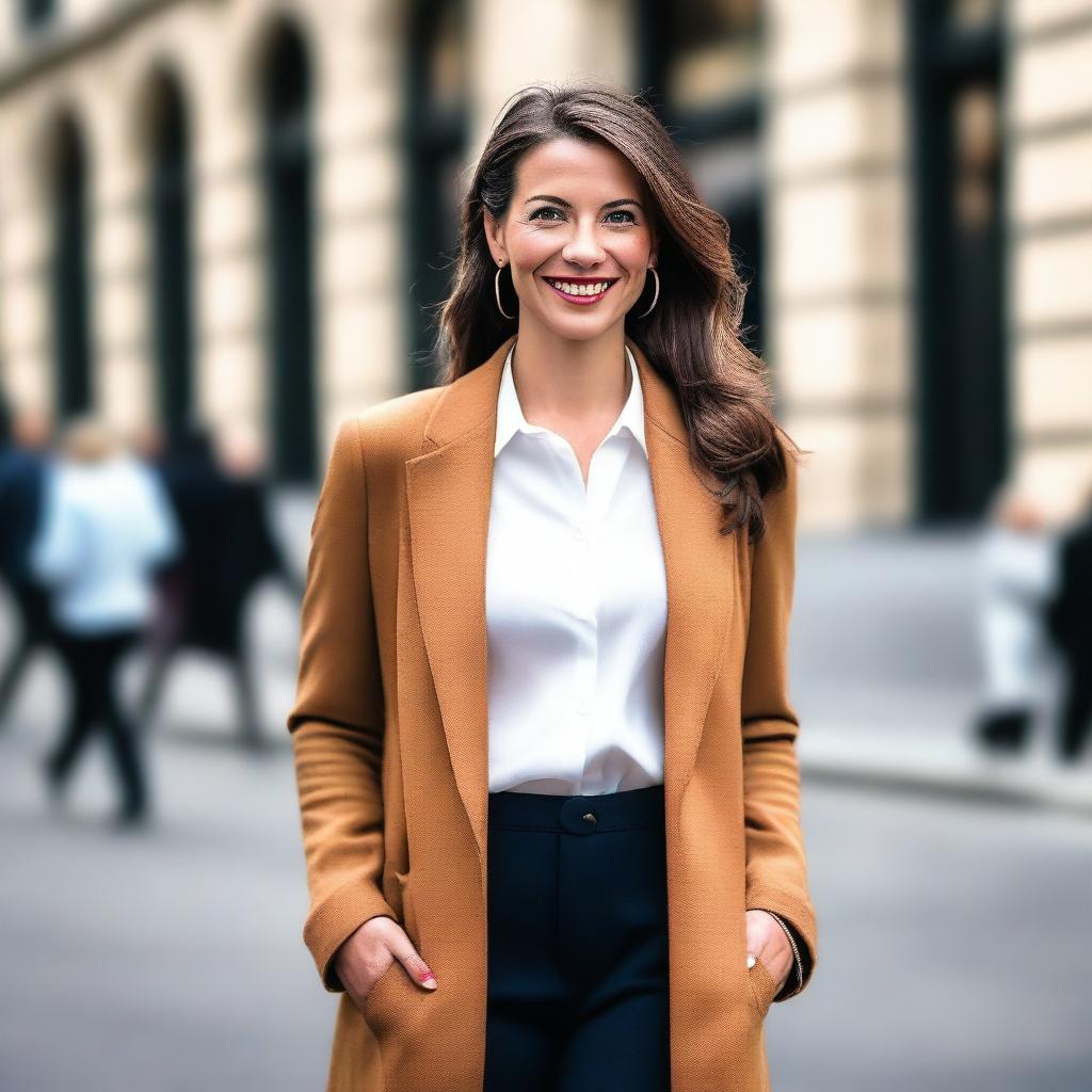 A stylish and confident woman in her early 30s, dressed in a fashionable outfit