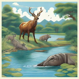 A detailed illustration of the story of Deer and buffalo crossing the river on the back of a crocodile