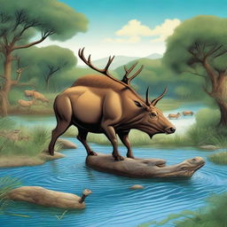 A detailed illustration of the story of Deer and buffalo crossing the river on the back of a crocodile