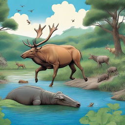 A detailed illustration of the story of Deer and buffalo crossing the river on the back of a crocodile