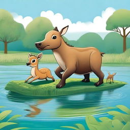 A detailed illustration of the story of a baby Deer and buffalo crossing the river on the back of a crocodile