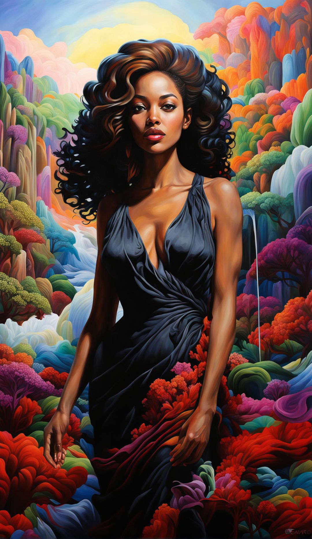 A hyper-realistic digital oil painting featuring a beautiful African American woman with caramel skin and soft wavy hair, dressed in an ink-black silk dress against a vividly colorful and surreal background.