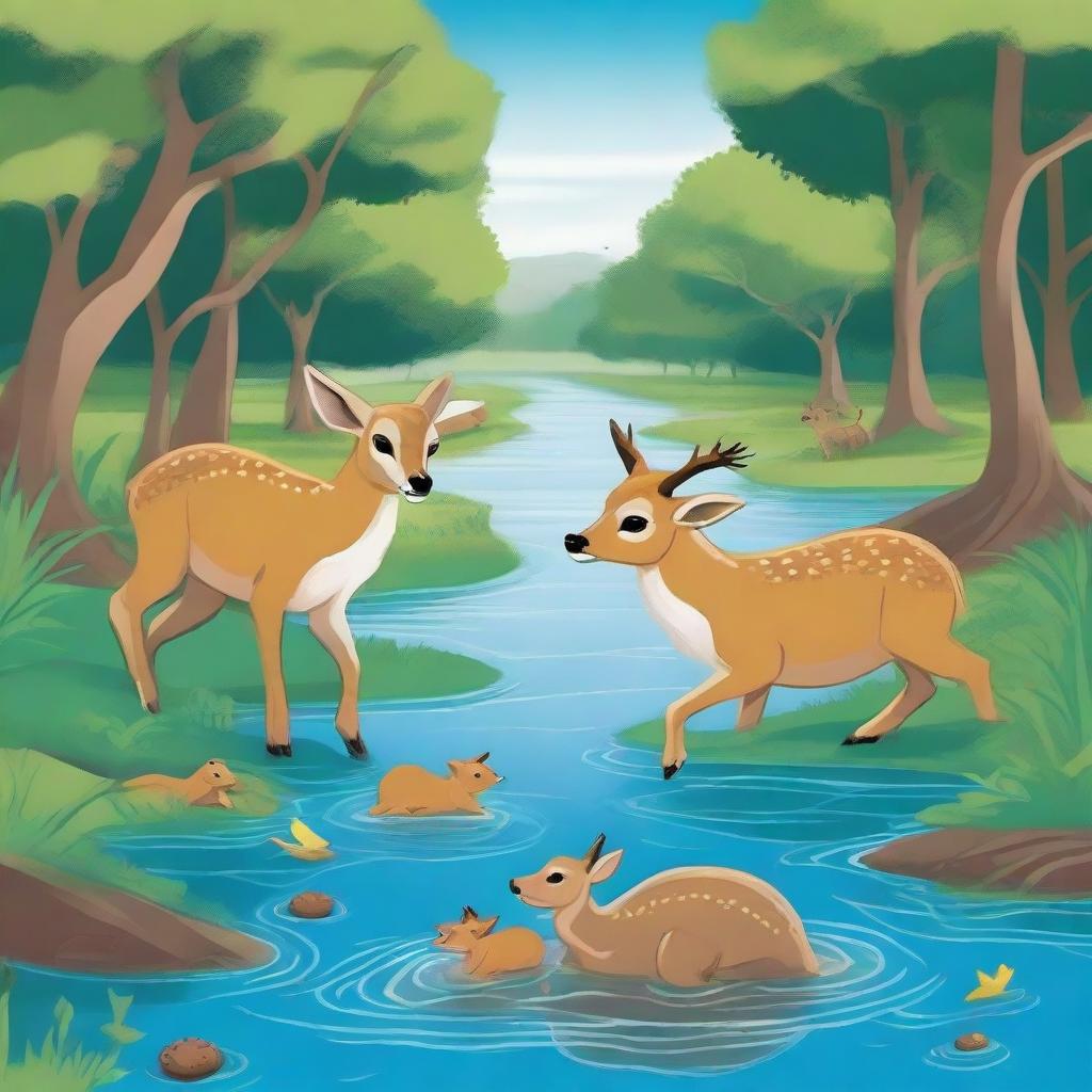 A detailed illustration of the story of a baby Deer with a buffalo crossing a river full of crocodiles