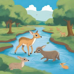 A detailed illustration of the story of a baby Deer with a buffalo crossing a river full of crocodiles