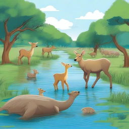 A detailed illustration of the story of a baby Deer with a buffalo crossing a river full of crocodiles