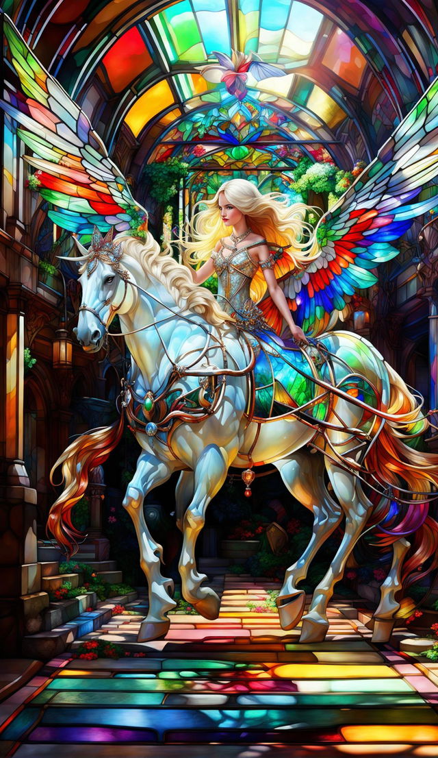 A hyper-realistic digital art of a colorful stained glass carriage pulled by a white Pegasus on a cobblestone path. A fairy princess rides inside.