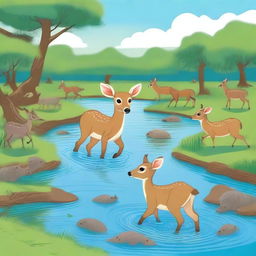 A detailed illustration of the story of a baby Deer with a buffalo crossing a river full of crocodiles