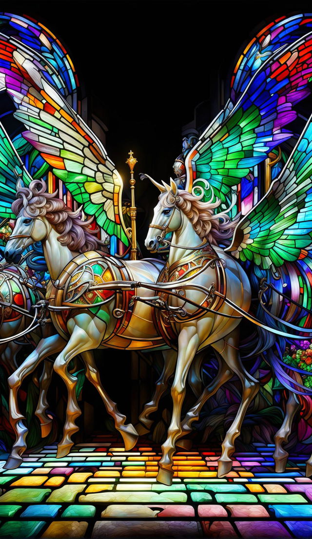 Hyper-realistic digital art of a symmetrical stained glass carriage pulled by two white Pegasus on a cobblestone path, with a fairy princess inside.