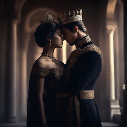 A young king holding in his embrace his young queen, both depicted in dark shades