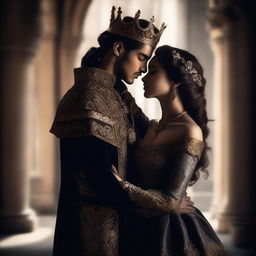 A young king holding in his embrace his young queen, both depicted in dark shades