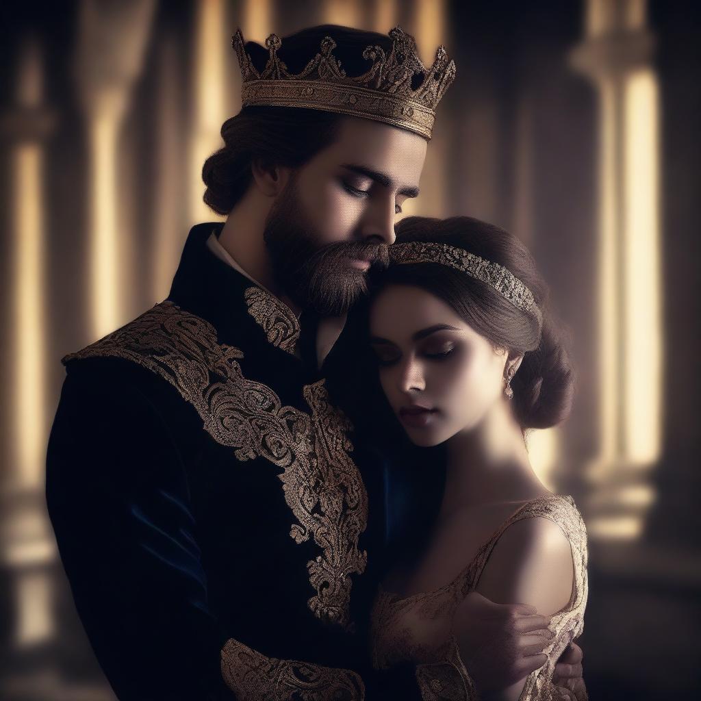 A young king with a beard holding in his embrace his young queen, both depicted in dark shades