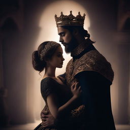 A young king with a beard holding in his embrace his young queen, both depicted in dark shades