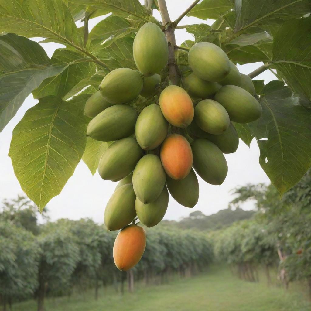 A lush, tropical papaya tree bearing ripe, juicy fruits in a sun-drenched orchard.