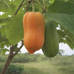 A lush, tropical papaya tree bearing ripe, juicy fruits in a sun-drenched orchard.