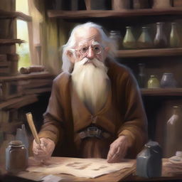 An elderly halfling male, around 90 years old, with a long white beard and hair