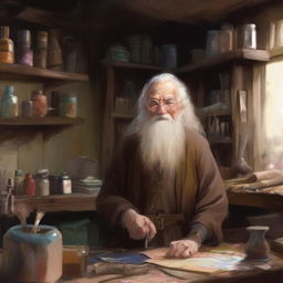 An elderly halfling male, around 90 years old, with a long white beard and hair