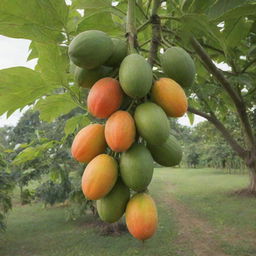 A lush, tropical papaya tree bearing ripe, juicy fruits in a sun-drenched orchard.