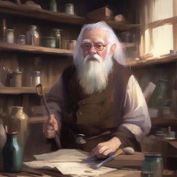 An elderly halfling male, around 90 years old, with a long white beard and hair