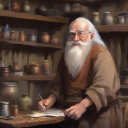 An elderly halfling male, around 90 years old, with a long white beard and hair