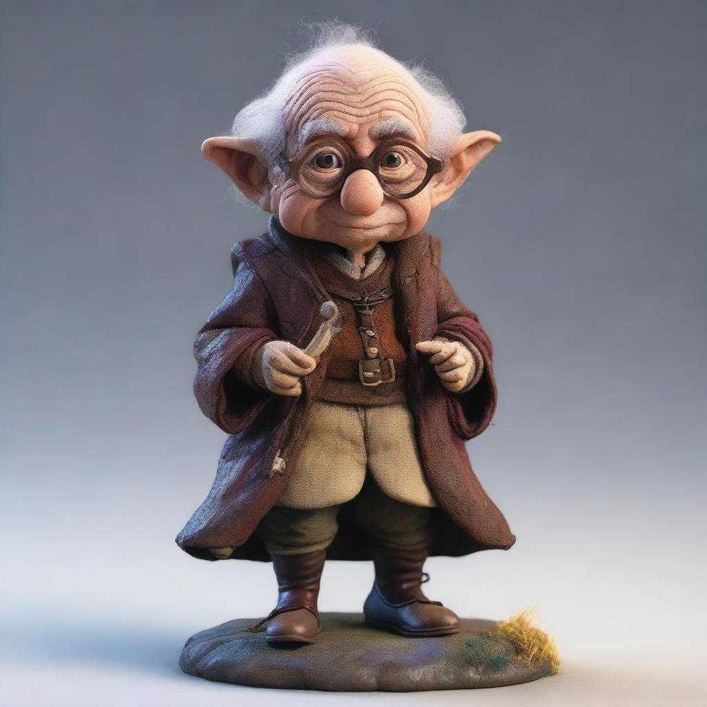 A 90-year-old male halfling, short in stature, wearing a brown smith gown and round glasses