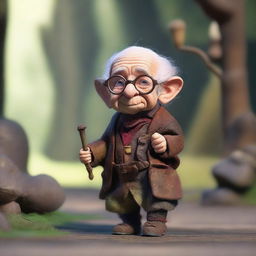 A 90-year-old male halfling, short in stature, wearing a brown smith gown and round glasses