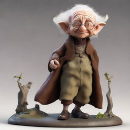 A 90-year-old male halfling, short in stature, wearing a brown smith gown and round glasses