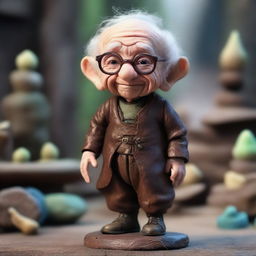 A 90-year-old male halfling, short in stature, wearing a brown smith gown and round glasses