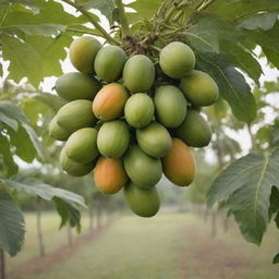 A lush, tropical papaya tree bearing ripe, juicy fruits in a sun-drenched orchard.