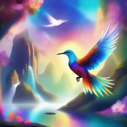 A vibrant and enchanting image of a magical bird soaring through a mystical world filled with floating islands, sparkling waterfalls, and glowing flora