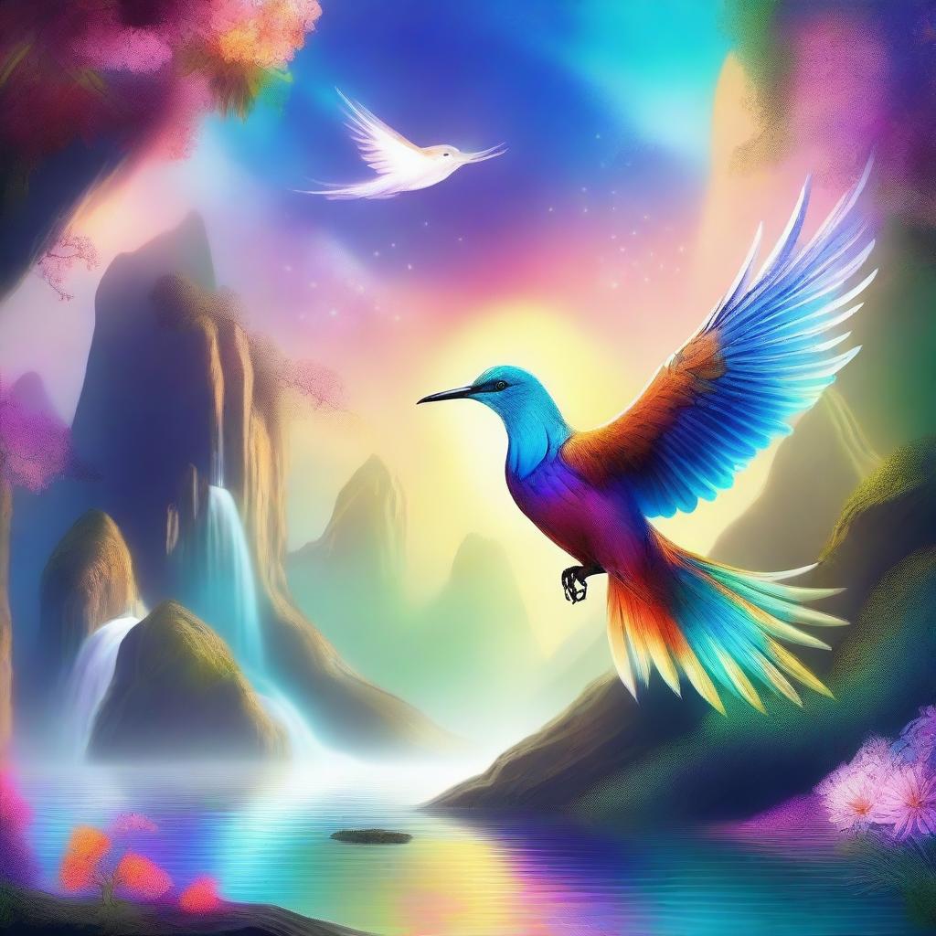 A vibrant and enchanting image of a magical bird soaring through a mystical world filled with floating islands, sparkling waterfalls, and glowing flora