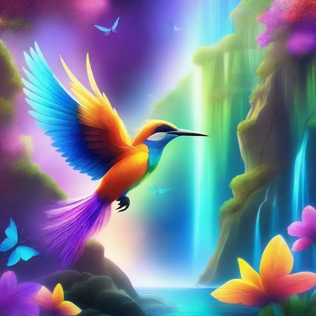 A vibrant and enchanting image of a magical bird soaring through a mystical world filled with floating islands, sparkling waterfalls, and glowing flora