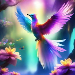 A vibrant and enchanting image of a magical bird soaring through a mystical world filled with floating islands, sparkling waterfalls, and glowing flora