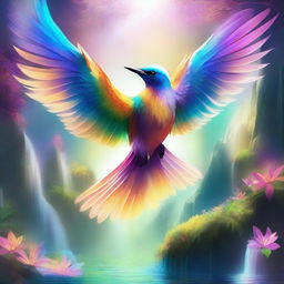 A vibrant and enchanting image of a magical bird soaring through a mystical world filled with floating islands, sparkling waterfalls, and glowing flora