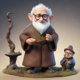 A 90-year-old male halfling, short in stature, with a white beard, wearing a brown smith gown and round glasses