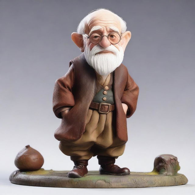 A 90-year-old male halfling, short in stature, with a white beard, wearing a brown smith gown and round glasses