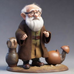 A 90-year-old male halfling, short in stature, with a white beard, wearing a brown smith gown and round glasses