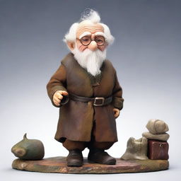 A 90-year-old male halfling, short in stature, with a white beard, wearing a brown smith gown and round glasses