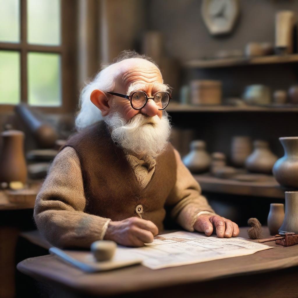 A 90-year-old male halfling inventor, short in stature, with a white beard, wearing a brown smith gown and round glasses