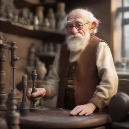 A 90-year-old male halfling inventor, short in stature, with a white beard, wearing a brown smith gown and round glasses