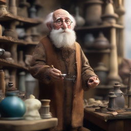 A 90-year-old male halfling inventor, short in stature, with a white beard, wearing a brown smith gown and round glasses