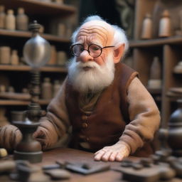 A 90-year-old male halfling inventor, short in stature, with a white beard, wearing a brown smith gown and round glasses