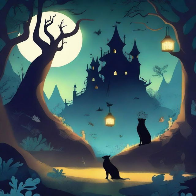 A dark and magical cartoon scene featuring mystical creatures and enchanted landscapes