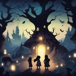 A dark and magical cartoon scene featuring mystical creatures and enchanted landscapes