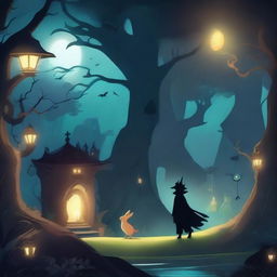 A dark and magical cartoon scene featuring mystical creatures and enchanted landscapes