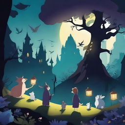 A dark and magical cartoon scene featuring mystical creatures and enchanted landscapes