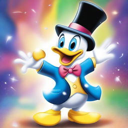 A whimsical scene featuring Donald Duck performing magic tricks in a cartoon style