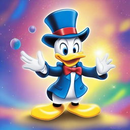 A whimsical scene featuring Donald Duck performing magic tricks in a cartoon style